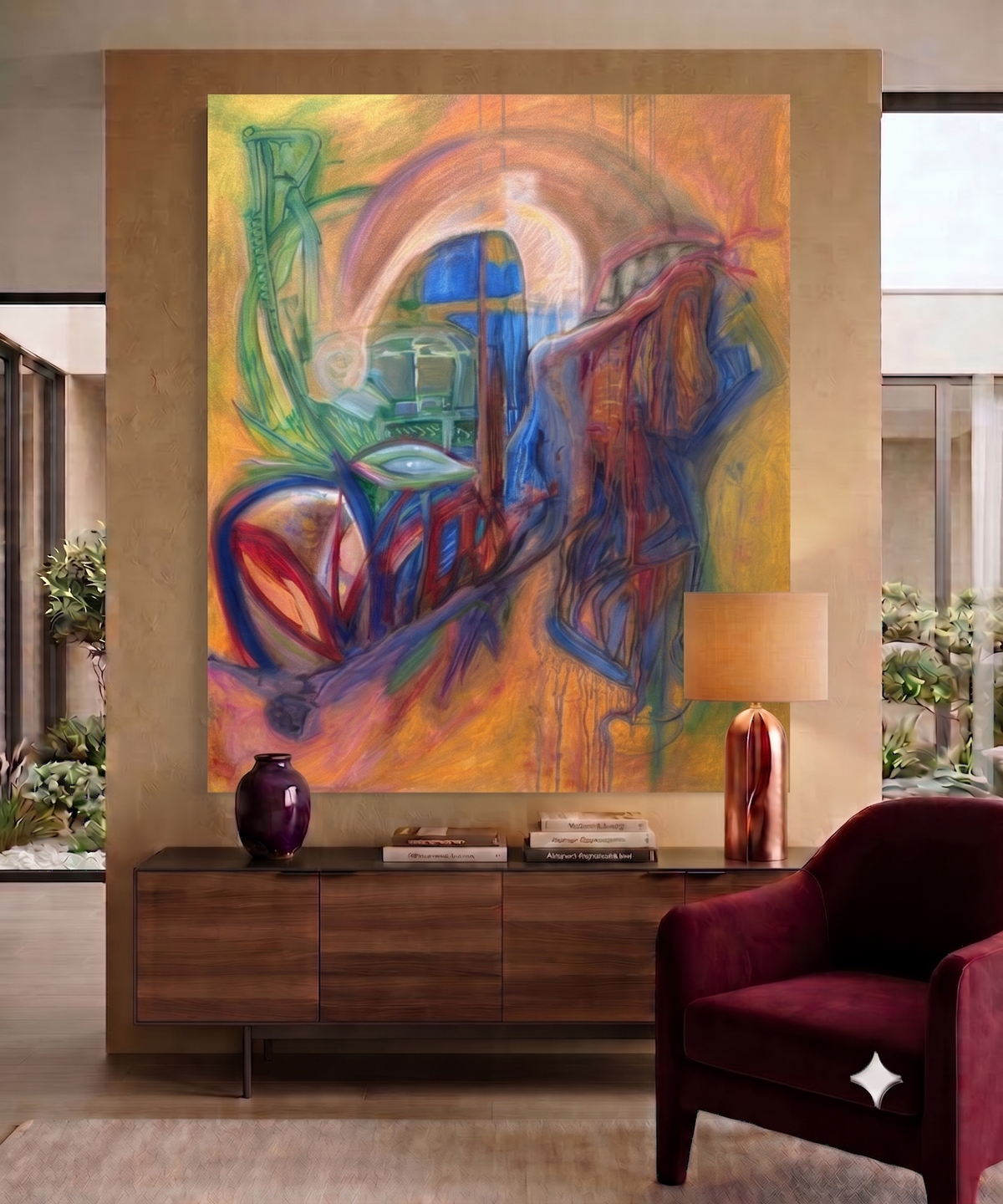 Lust abstract expressionist artwork featuring flowing organic forms, layered architectural elements, and vibrant yellow, blue, green, red, and purple tones, displayed as contemporary wall art in a modern living room.