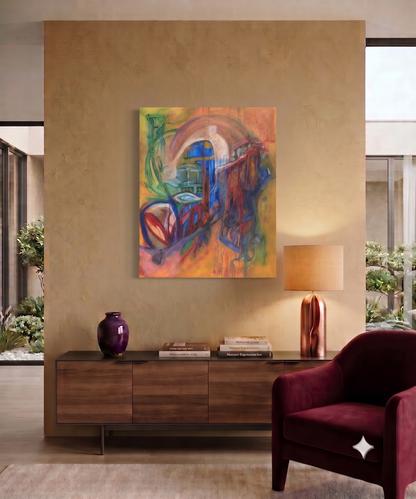 Lust abstract expressionist artwork featuring flowing organic forms, layered architectural elements, and vibrant yellow, blue, green, red, and purple tones, displayed as contemporary wall art in a modern living room.