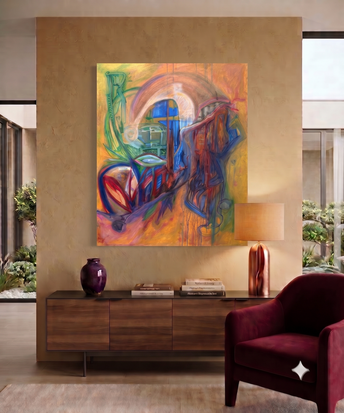 Lust abstract expressionist artwork featuring flowing organic forms, layered architectural elements, and vibrant yellow, blue, green, red, and purple tones, displayed as contemporary wall art in a modern living room.