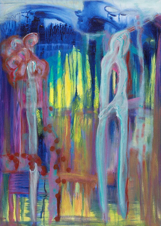 Metro abstract figurative artwork featuring elongated human-like forms, vibrant blue, purple, yellow, and pink tones, and expressive brushwork in a contemporary urban-inspired composition.