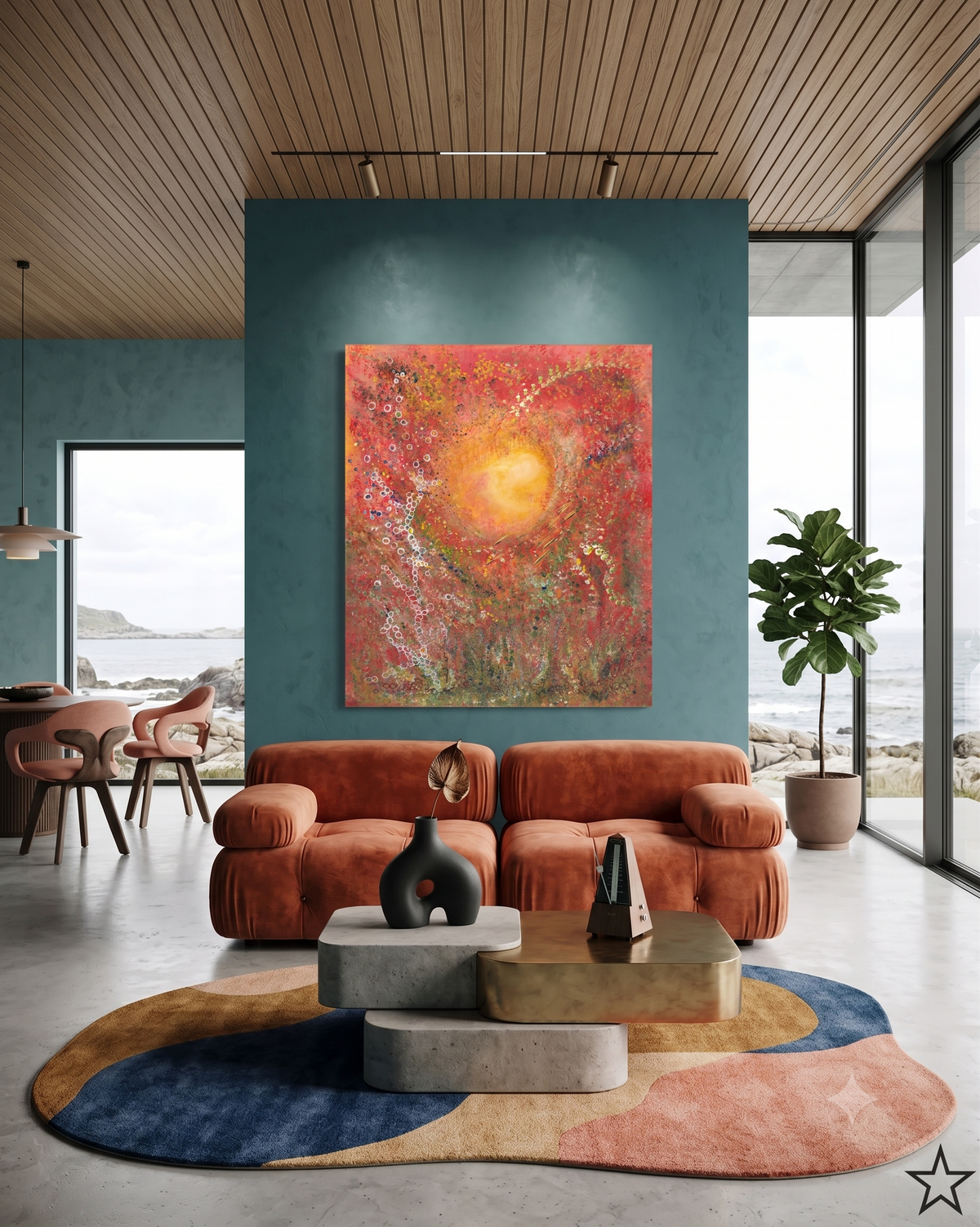 My Happy Day abstract expressionist artwork featuring a radiant glowing center surrounded by vibrant red, orange, yellow, and pink tones with layered textures, displayed as contemporary wall art in a modern living room.
