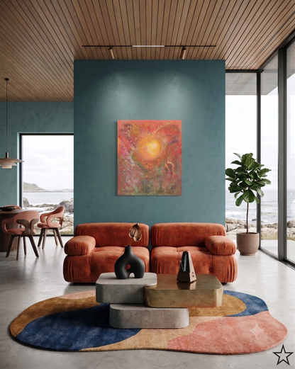 My Happy Day abstract expressionist artwork featuring a radiant glowing center surrounded by vibrant red, orange, yellow, and pink tones with layered textures, displayed as contemporary wall art in a modern living room.