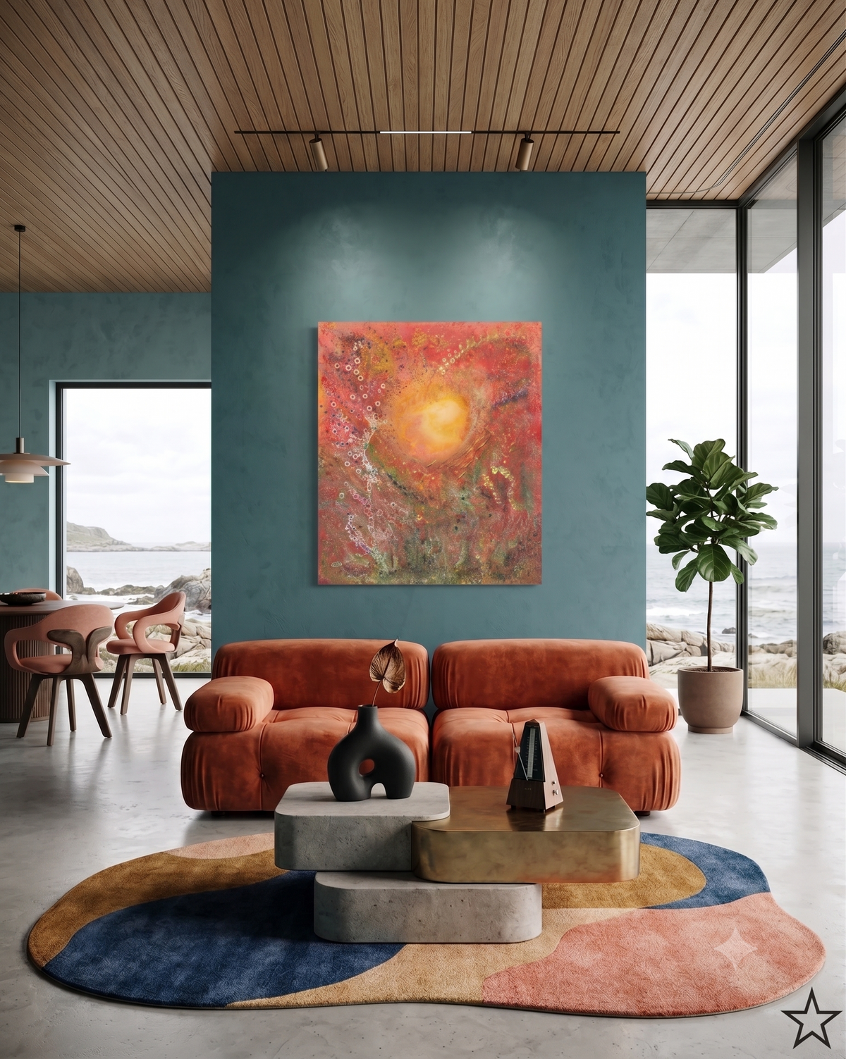 My Happy Day abstract expressionist artwork featuring a radiant glowing center surrounded by vibrant red, orange, yellow, and pink tones with layered textures, displayed as contemporary wall art in a modern living room.