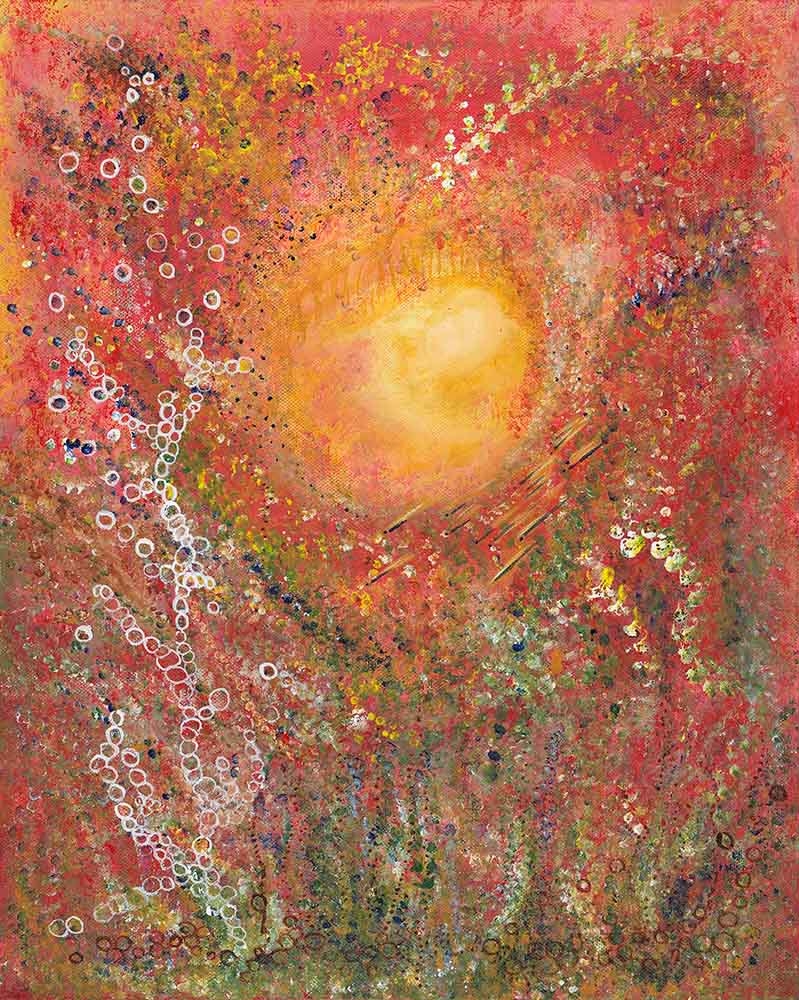 My Happy Day abstract expressionist artwork featuring a radiant glowing center surrounded by vibrant red, orange, yellow, and pink tones with layered textures and energetic organic details.