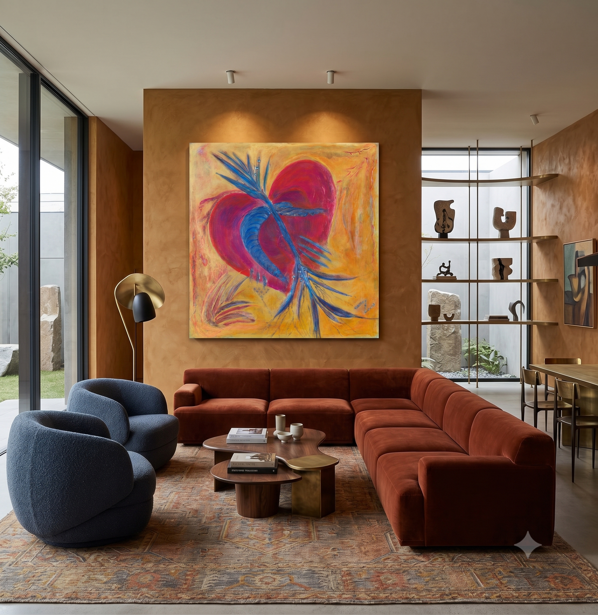My Heart Is Larger Than My Scars abstract symbolic artwork featuring a vibrant red heart intertwined with flowing blue organic forms against a warm golden background, displayed as contemporary wall art in a modern living room.