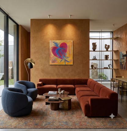 My Heart Is Larger Than My Scars abstract symbolic artwork featuring a vibrant red heart intertwined with flowing blue organic forms against a warm golden background, displayed as contemporary wall art in a modern living room.