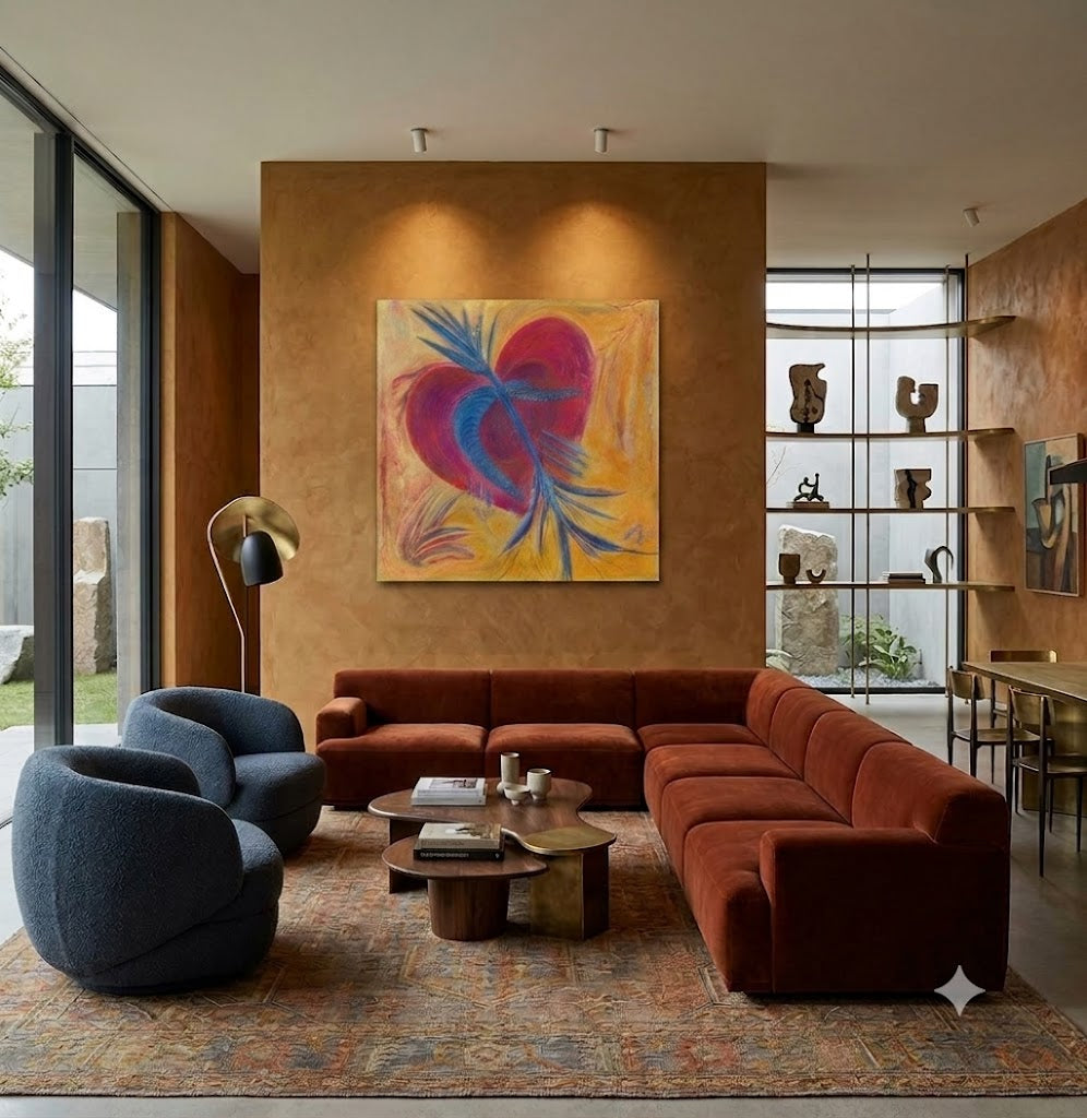 My Heart Is Larger Than My Scars abstract symbolic artwork featuring a vibrant red heart intertwined with flowing blue organic forms against a warm golden background, displayed as contemporary wall art in a modern living room.