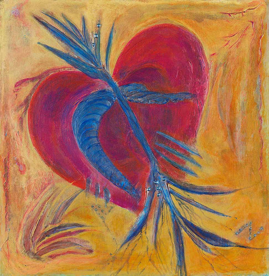 My Heart Is Larger Than My Scars abstract symbolic artwork featuring a vibrant red heart intertwined with flowing blue organic forms against a warm golden background, expressing resilience, healing, and inner strength.