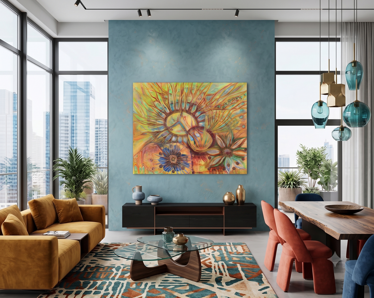 Neuroscience in Pieces abstract artwork featuring branching neural forms, DNA-inspired elements, organic floral structures, and warm golden, turquoise, blue, and earth tones, displayed as contemporary wall art in a modern living room.