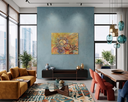 Neuroscience in Pieces abstract artwork featuring branching neural forms, DNA-inspired elements, organic floral structures, and warm golden, turquoise, blue, and earth tones, displayed as contemporary wall art in a modern living room.