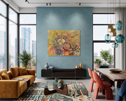 Neuroscience in Pieces abstract artwork featuring branching neural forms, DNA-inspired elements, organic floral structures, and warm golden, turquoise, blue, and earth tones, displayed as contemporary wall art in a modern living room.