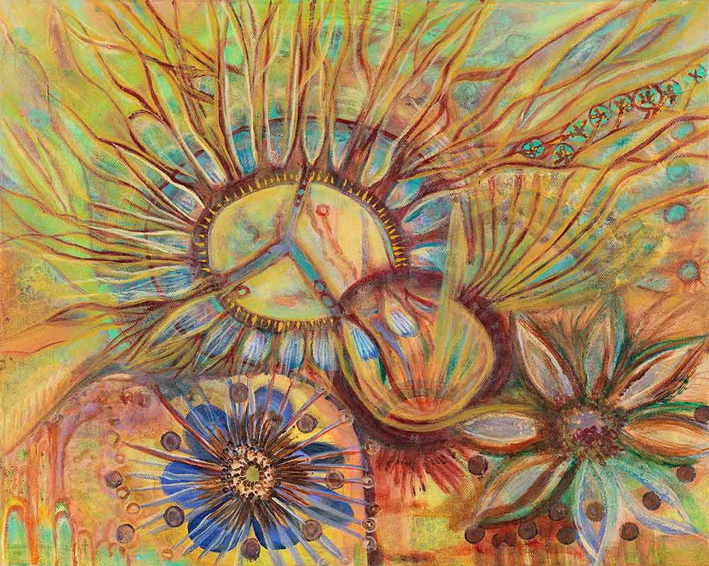 Neuroscience in Pieces abstract artwork featuring branching neural forms, DNA-inspired elements, organic floral structures, and warm golden, turquoise, blue, and earth tones in a symbolic contemporary composition.
