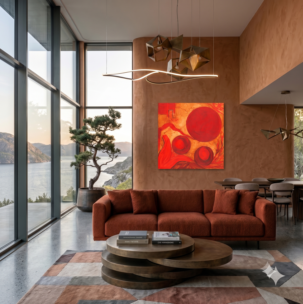 Our Future abstract symbolic artwork featuring bold circular forms, flowing organic lines, and vibrant red, orange, and gold tones, displayed as contemporary wall art in a modern living room.