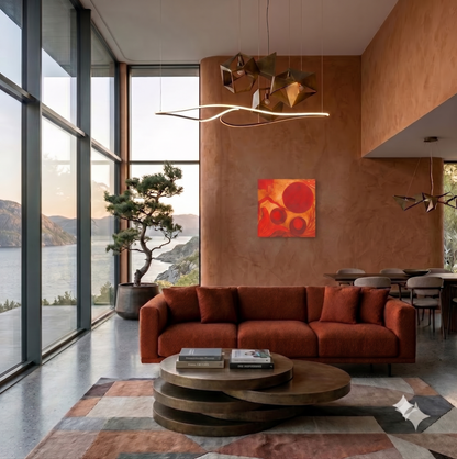 Our Future abstract symbolic artwork featuring bold circular forms, flowing organic lines, and vibrant red, orange, and gold tones, displayed as contemporary wall art in a modern living room.