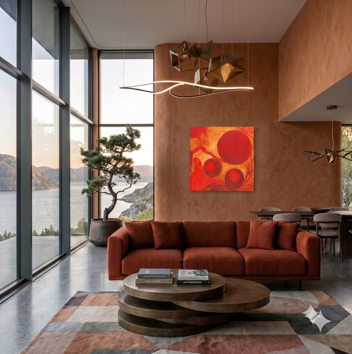 Our Future abstract symbolic artwork featuring bold circular forms, flowing organic lines, and vibrant red, orange, and gold tones, displayed as contemporary wall art in a modern living room.
