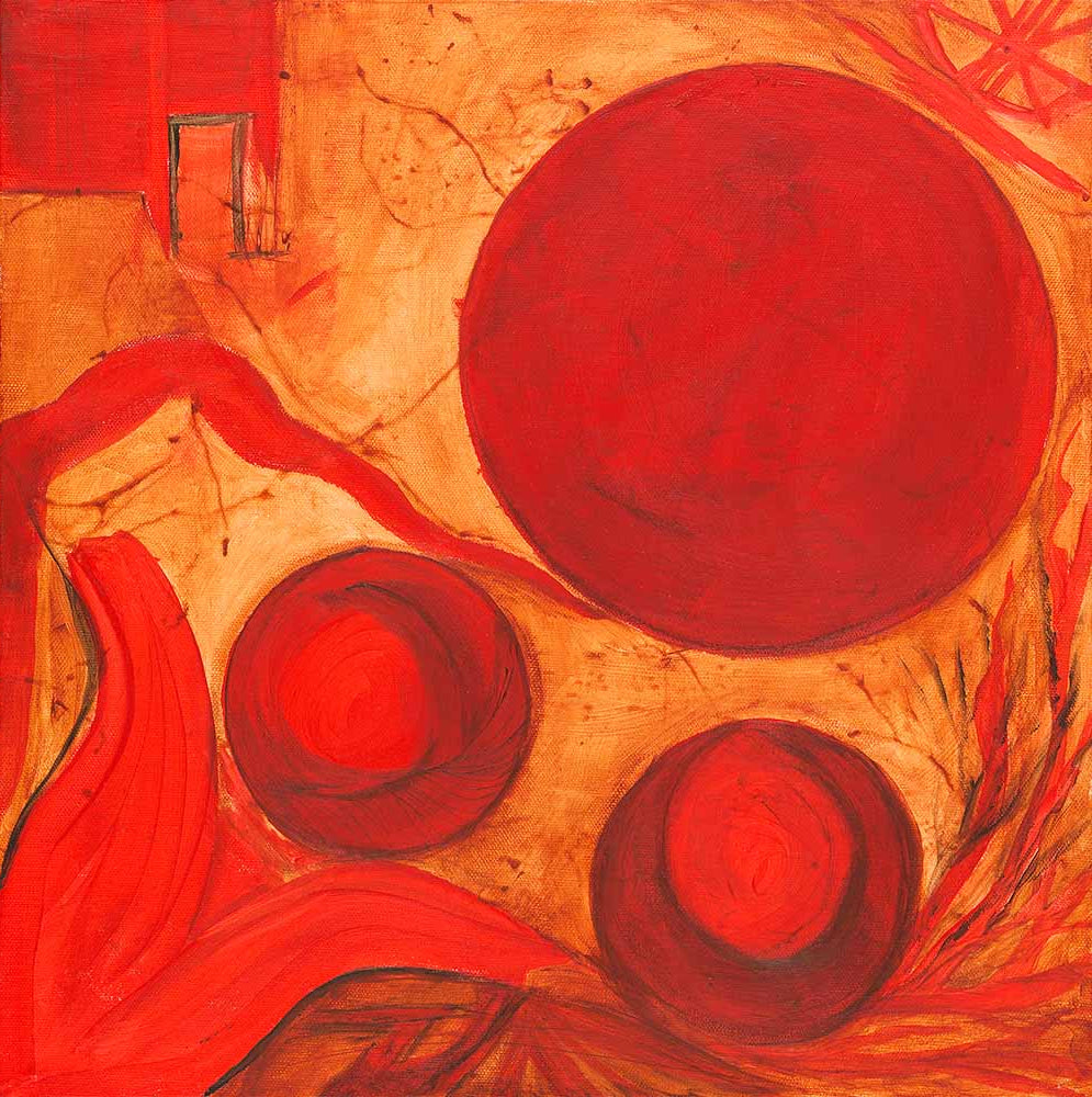 Our Future abstract symbolic artwork featuring bold circular forms, flowing organic lines, and vibrant red, orange, and gold tones in a contemporary expressionist composition.