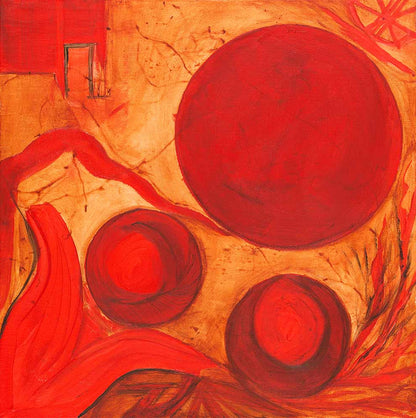 Our Future abstract symbolic artwork featuring bold circular forms, flowing organic lines, and vibrant red, orange, and gold tones in a contemporary expressionist composition.