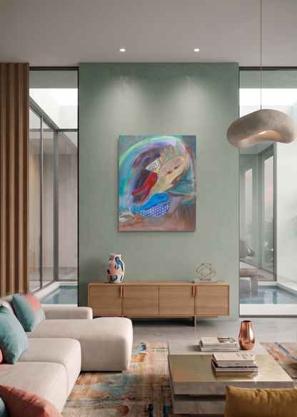 Party Time abstract fish artwork featuring vibrant blue, red, turquoise, and gold tones, displayed as contemporary wall art in a modern living room setting.
