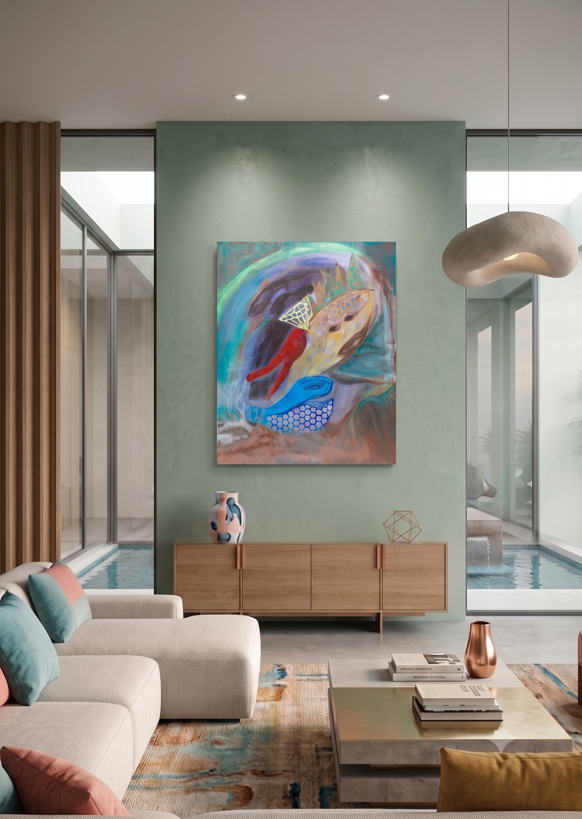 Party Time abstract fish artwork featuring vibrant blue, red, turquoise, and gold tones, displayed as contemporary marine wall art in a modern living room.