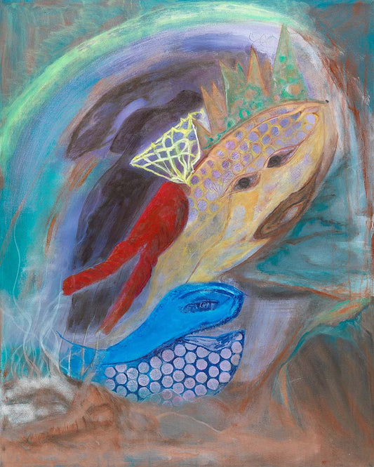 Party Time abstract marine artwork featuring colorful fish forms in blue, red, gold, and turquoise tones with fluid ocean-inspired textures and contemporary expression.