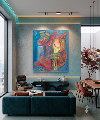 Seascapes 36 abstract coastal artwork featuring organic shell-like forms, flowing turquoise and blue tones, warm coral and sand colors, and layered marine-inspired textures, displayed as contemporary wall art in a modern living room.
