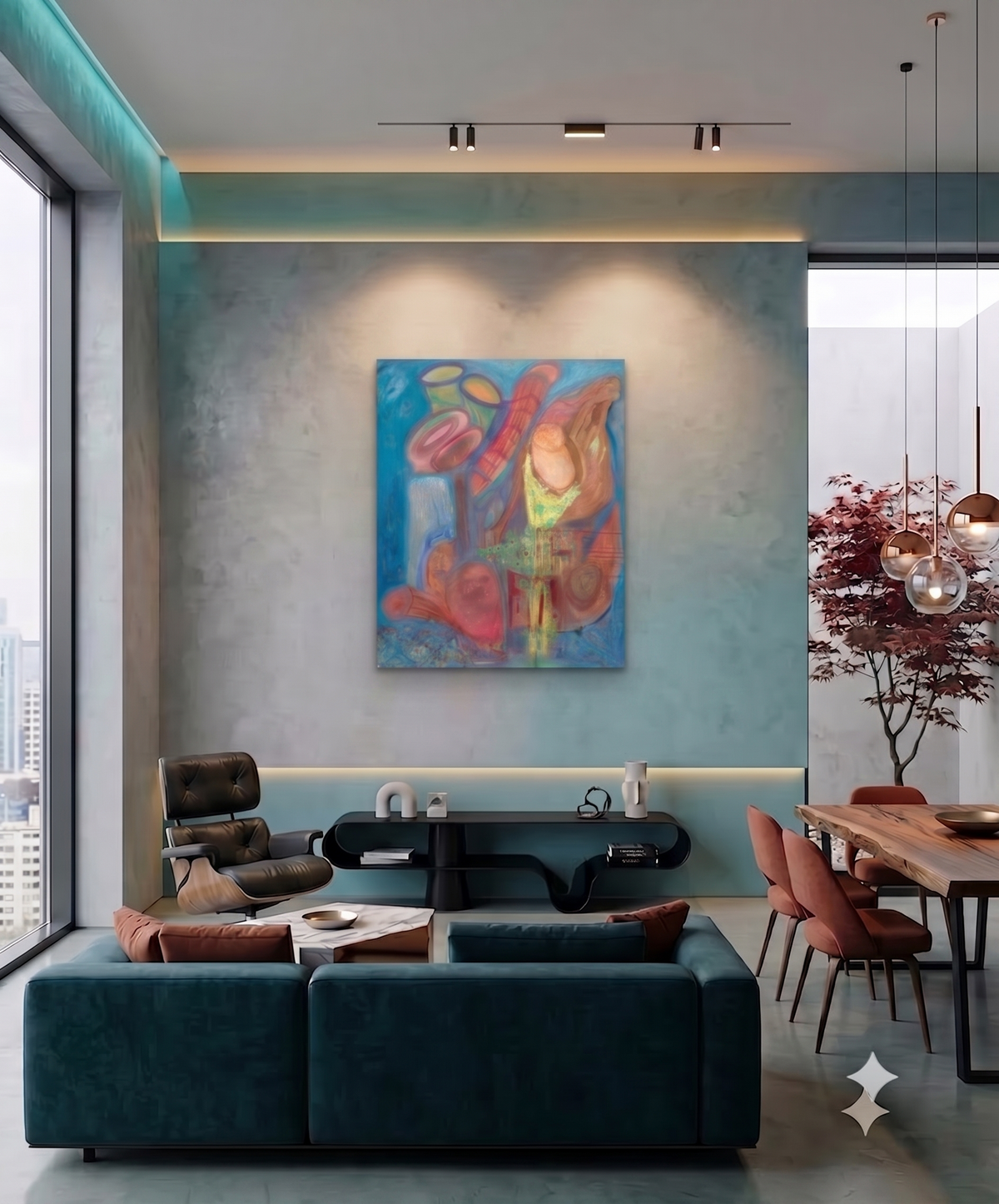 Seascapes 36 abstract coastal artwork featuring organic shell-like forms, flowing turquoise and blue tones, warm coral and sand colors, and layered marine-inspired textures, displayed as contemporary wall art in a modern living room.