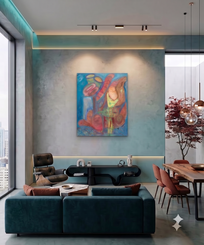 Seascapes 36 abstract coastal artwork featuring organic shell-like forms, flowing turquoise and blue tones, warm coral and sand colors, and layered marine-inspired textures, displayed as contemporary wall art in a modern living room.