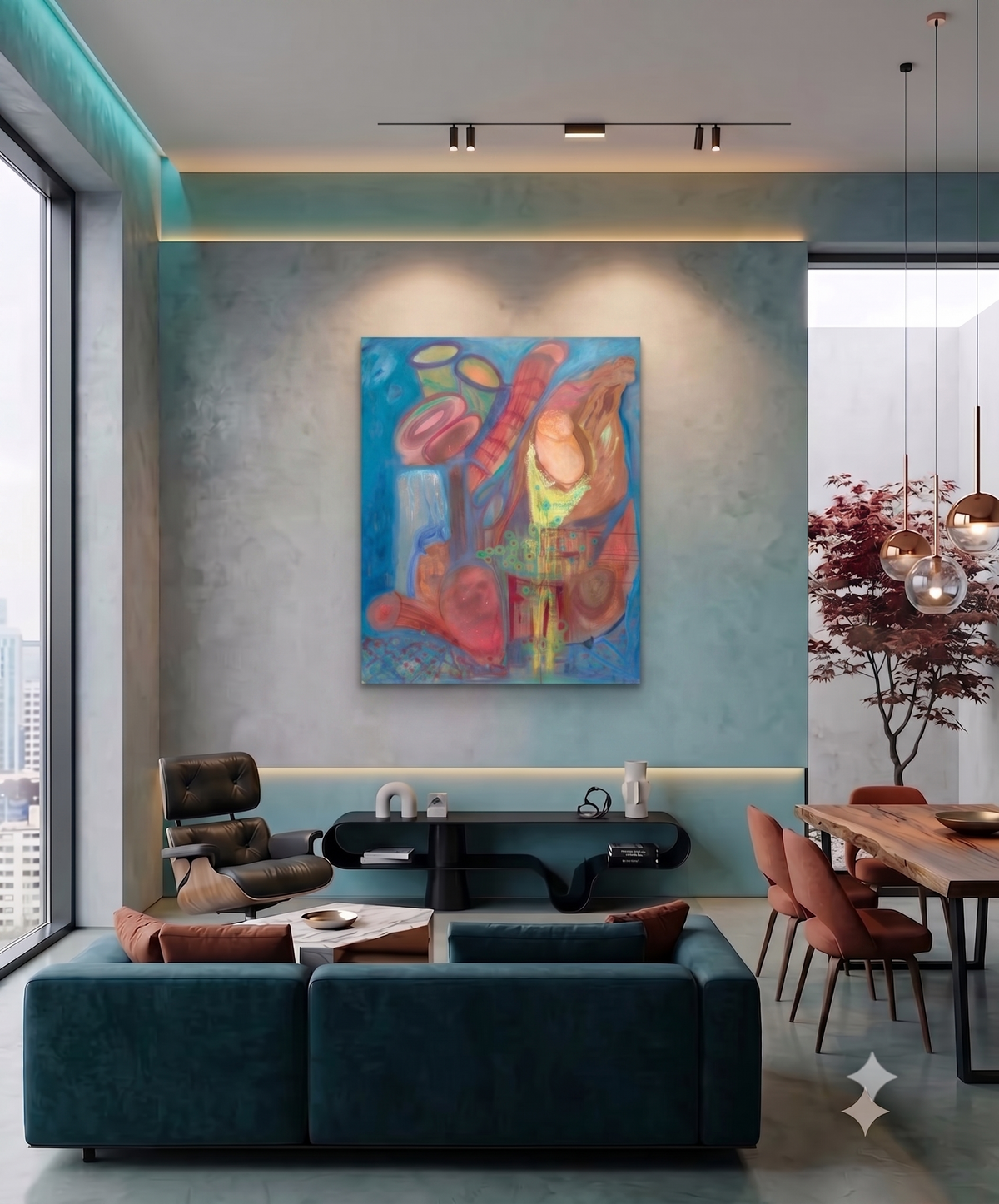Seascapes 36 abstract coastal artwork featuring organic shell-like forms, flowing turquoise and blue tones, warm coral and sand colors, and layered marine-inspired textures, displayed as contemporary wall art in a modern living room.