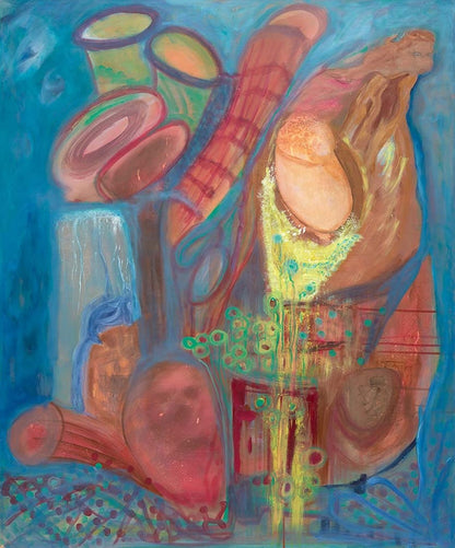 Seascapes 36 abstract coastal artwork featuring organic shell-like forms, flowing turquoise and blue tones, warm coral and sand colors, and layered marine-inspired textures in a contemporary ocean-themed composition.