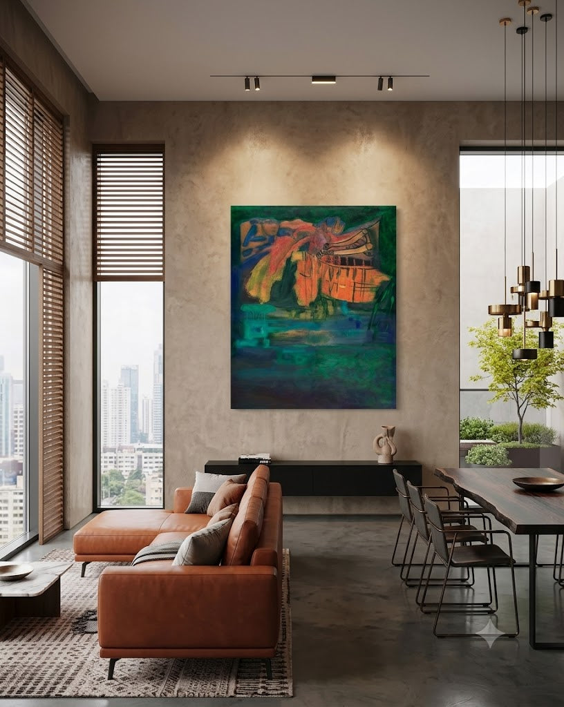 Seascapes 37 abstract marine artwork featuring crab-inspired organic forms, deep green and turquoise tones, warm coral and amber accents, and layered underwater textures, displayed as contemporary wall art in a modern living room.