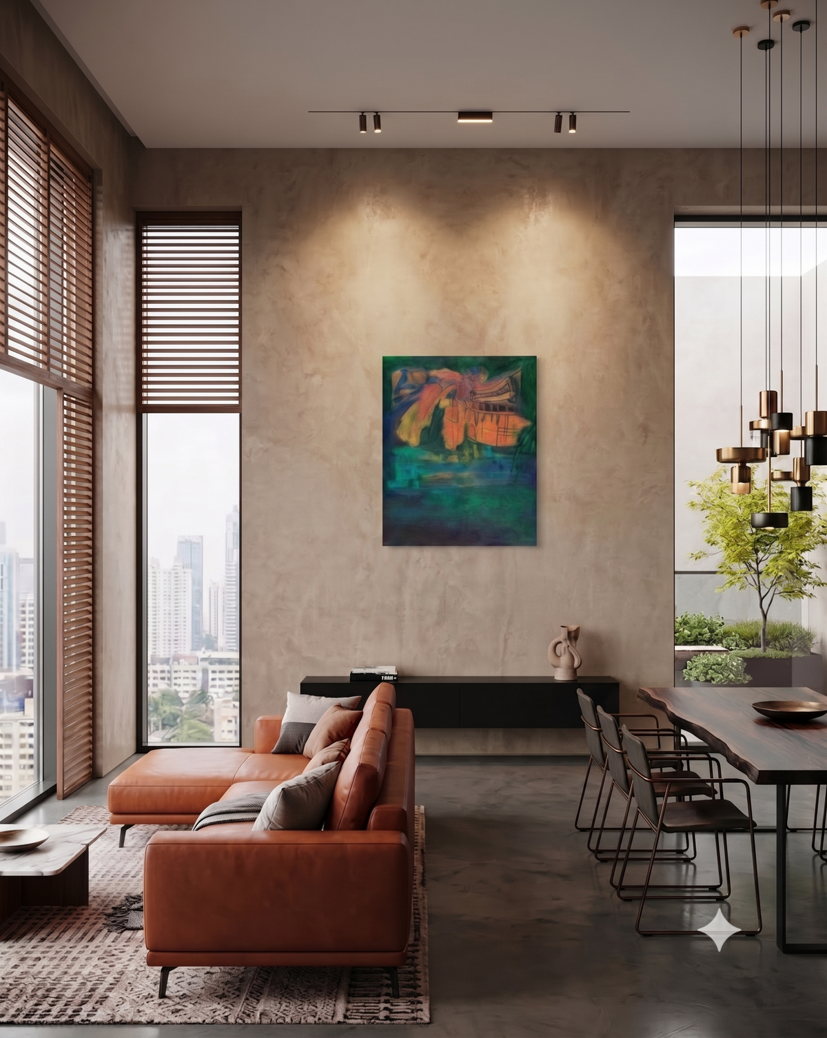 Seascapes 37 abstract marine artwork featuring crab-inspired organic forms, deep green and turquoise tones, warm coral and amber accents, and layered underwater textures, displayed as contemporary wall art in a modern living room.