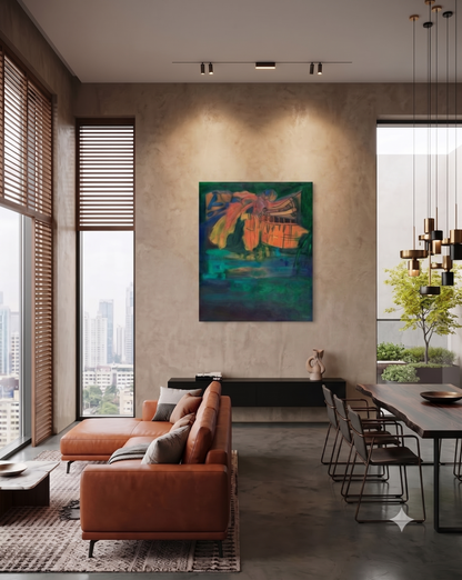 Seascapes 37 abstract marine artwork featuring crab-inspired organic forms, deep green and turquoise tones, warm coral and amber accents, and layered underwater textures, displayed as contemporary wall art in a modern living room.