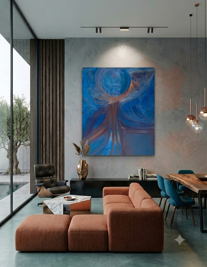 Seascapes 46 abstract seascape artwork featuring flowing blue tones, soft circular forms, and atmospheric brushstrokes inspired by ocean movement, displayed as contemporary wall art in a modern living room.
