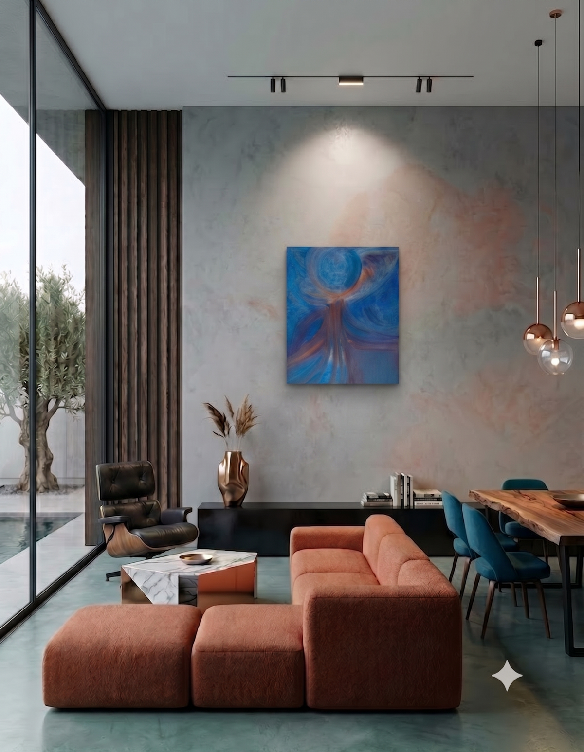 Seascapes 46 abstract seascape artwork featuring flowing blue tones, soft circular forms, and atmospheric brushstrokes inspired by ocean movement and light, displayed as contemporary wall art in a modern living room.