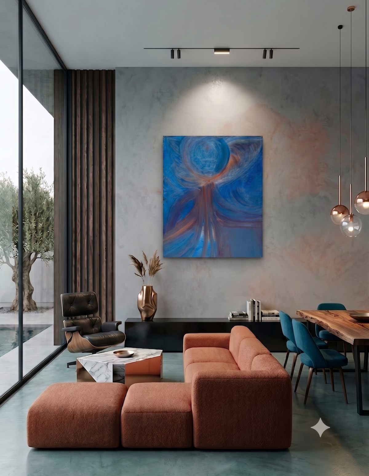 Seascapes 46 abstract seascape artwork featuring flowing blue tones, soft circular forms, and atmospheric brushstrokes inspired by ocean movement and light, displayed as contemporary wall art in a modern living room.
