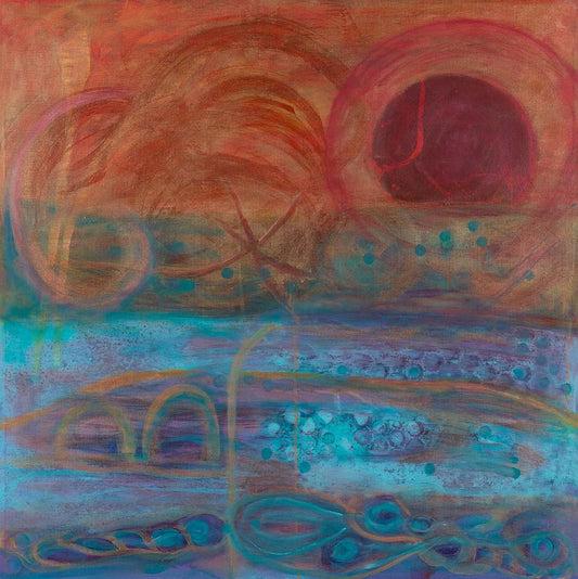 Seascapes 47 abstract seascape artwork featuring flowing coral, rose, and turquoise tones, circular ocean-inspired forms, layered textures, and atmospheric coastal elements in a contemporary marine composition.