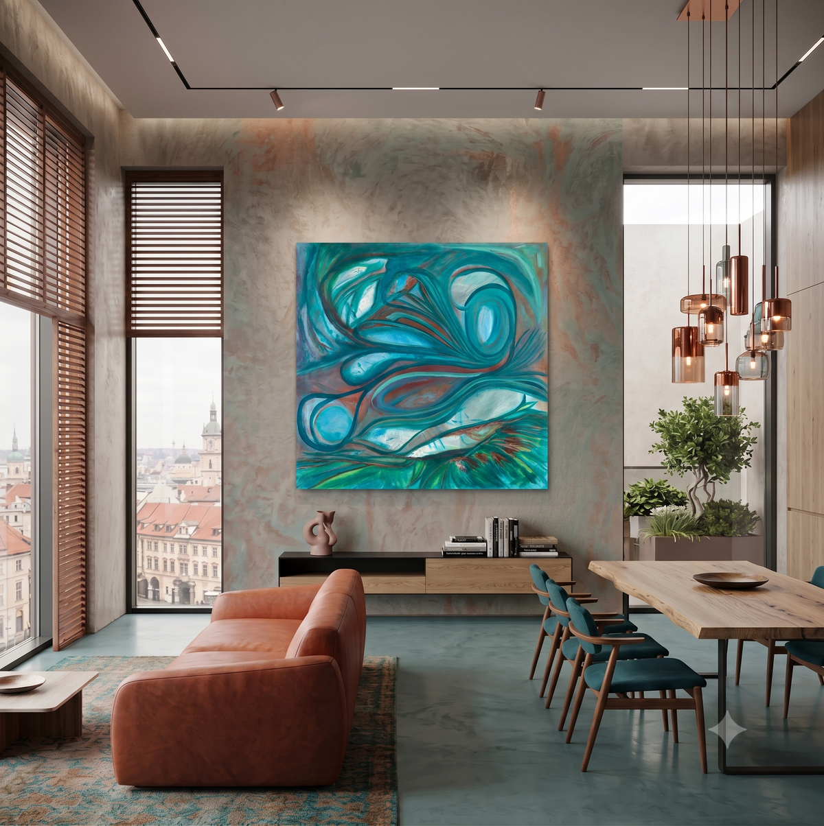 Seascapes 52 abstract ocean-inspired artwork featuring flowing turquoise and teal forms, layered organic shapes, and fluid marine-inspired lines, displayed as contemporary wall art in a modern living room.
