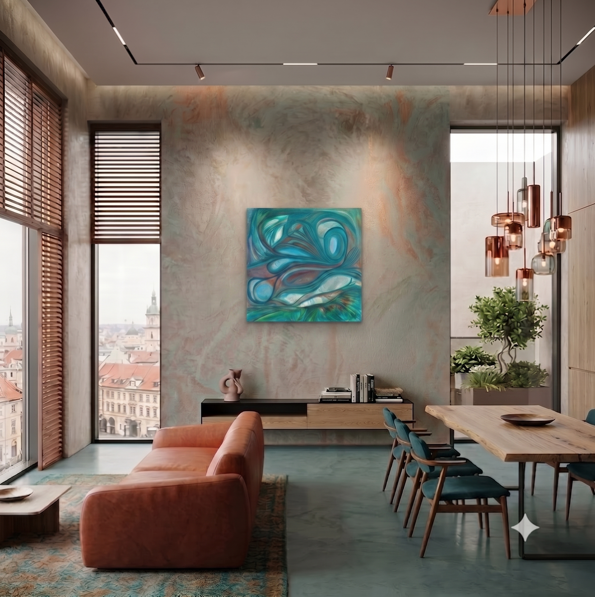 Seascapes 52 abstract ocean-inspired artwork featuring flowing turquoise and teal forms, layered organic shapes, and fluid marine-inspired lines, displayed as contemporary wall art in a modern living room.