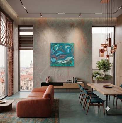 Seascapes 52 abstract ocean-inspired artwork featuring flowing turquoise and teal forms, layered organic shapes, and fluid marine-inspired lines, displayed as contemporary wall art in a modern living room.