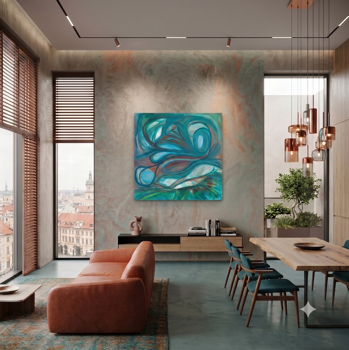 Seascapes 52 abstract ocean-inspired artwork featuring flowing turquoise and teal forms, layered organic shapes, and fluid marine-inspired lines, displayed as contemporary wall art in a modern living room.