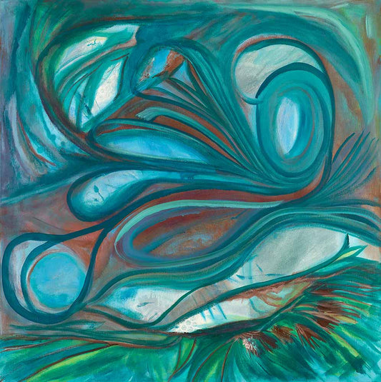 Seascapes 52 abstract ocean-inspired artwork featuring flowing turquoise and teal forms, layered organic shapes, and fluid marine-inspired lines in a contemporary coastal composition.