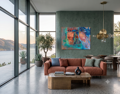 Secret Places abstract artwork featuring a softly rendered human face, flowing turquoise and blue forms, and warm coral tones, displayed as contemporary wall art in a modern living room.