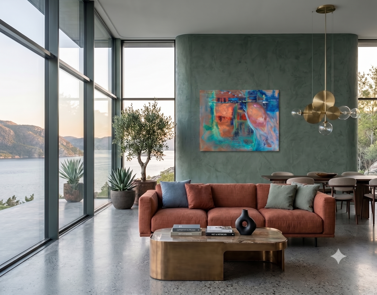 Secret Places abstract artwork featuring a softly rendered human face, flowing turquoise and blue forms, and warm coral tones, displayed as contemporary wall art in a modern living room.