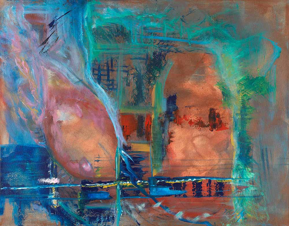 Secret Places abstract artwork featuring a softly rendered human face, flowing turquoise and blue forms, and warm coral tones in a dreamlike contemporary expressionist composition.