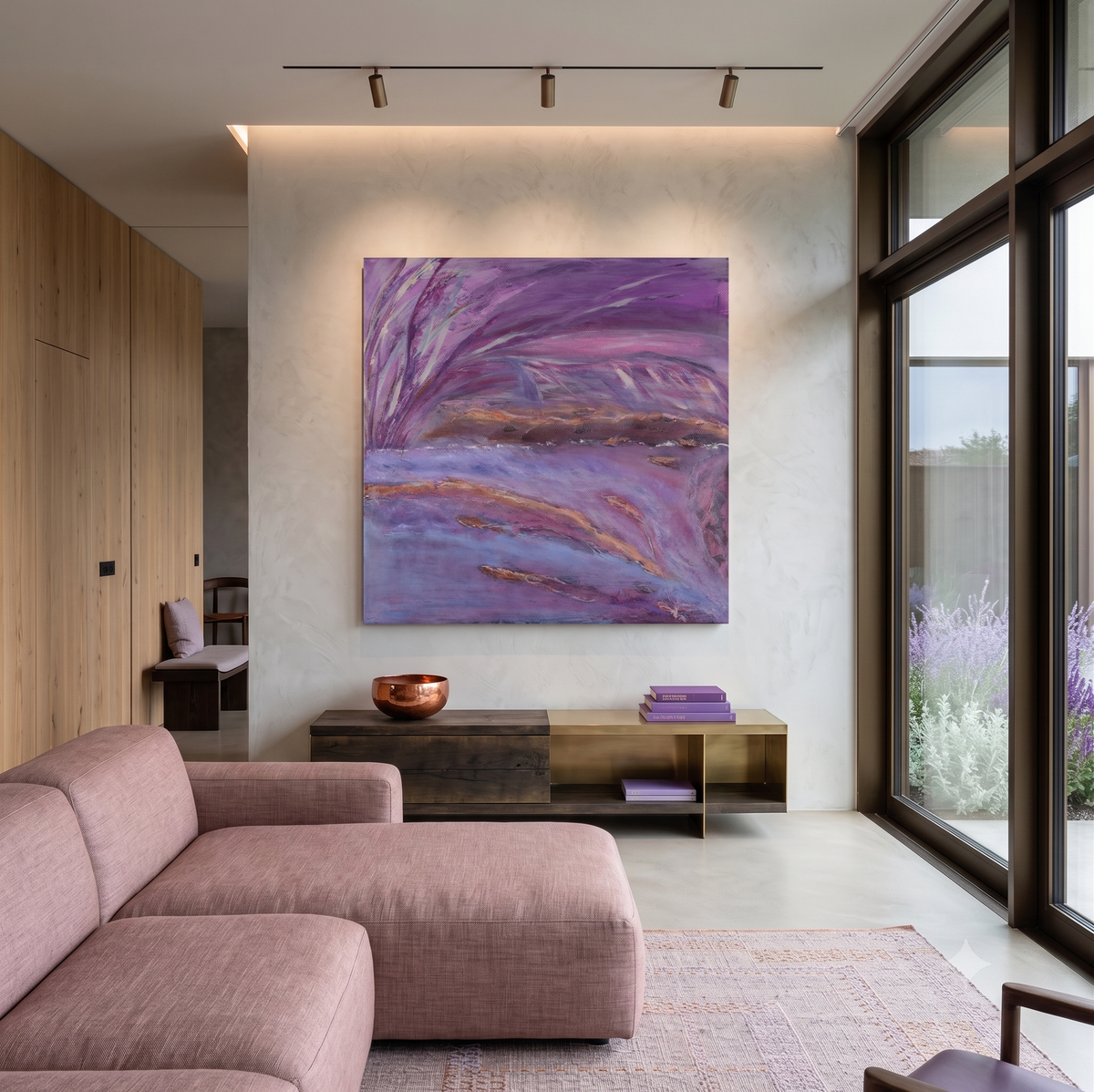 Serenity abstract landscape artwork featuring flowing lavender, purple, and soft blue tones with subtle gold accents, displayed as contemporary wall art in a modern living room.