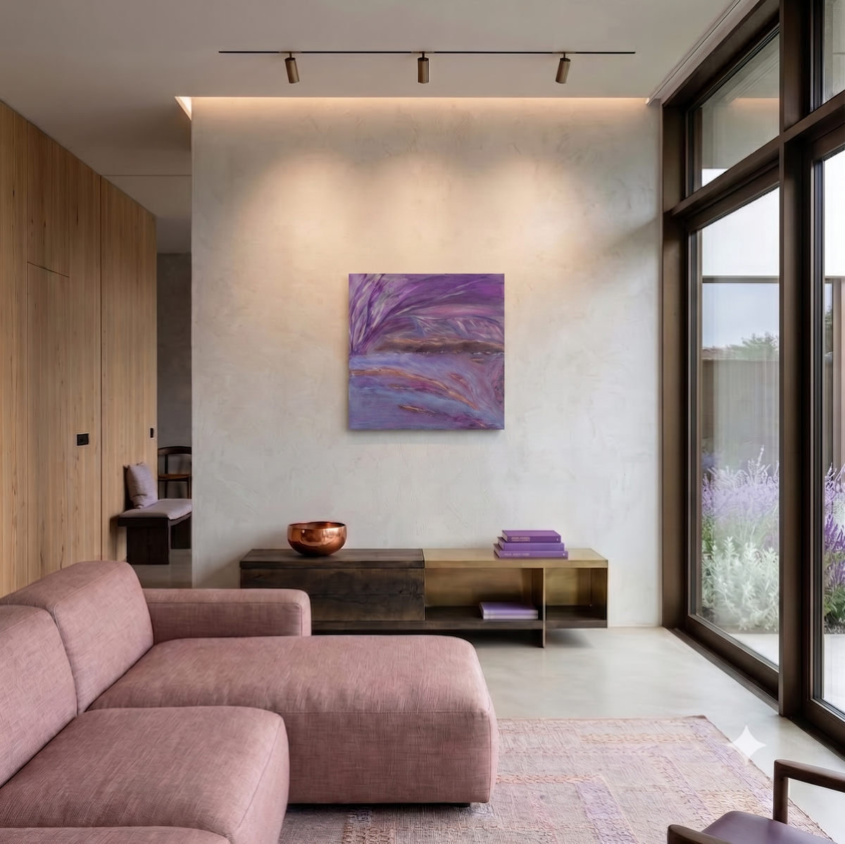 Serenity abstract landscape artwork featuring flowing lavender, purple, and soft blue tones with subtle gold accents, displayed as contemporary wall art in a modern living room.