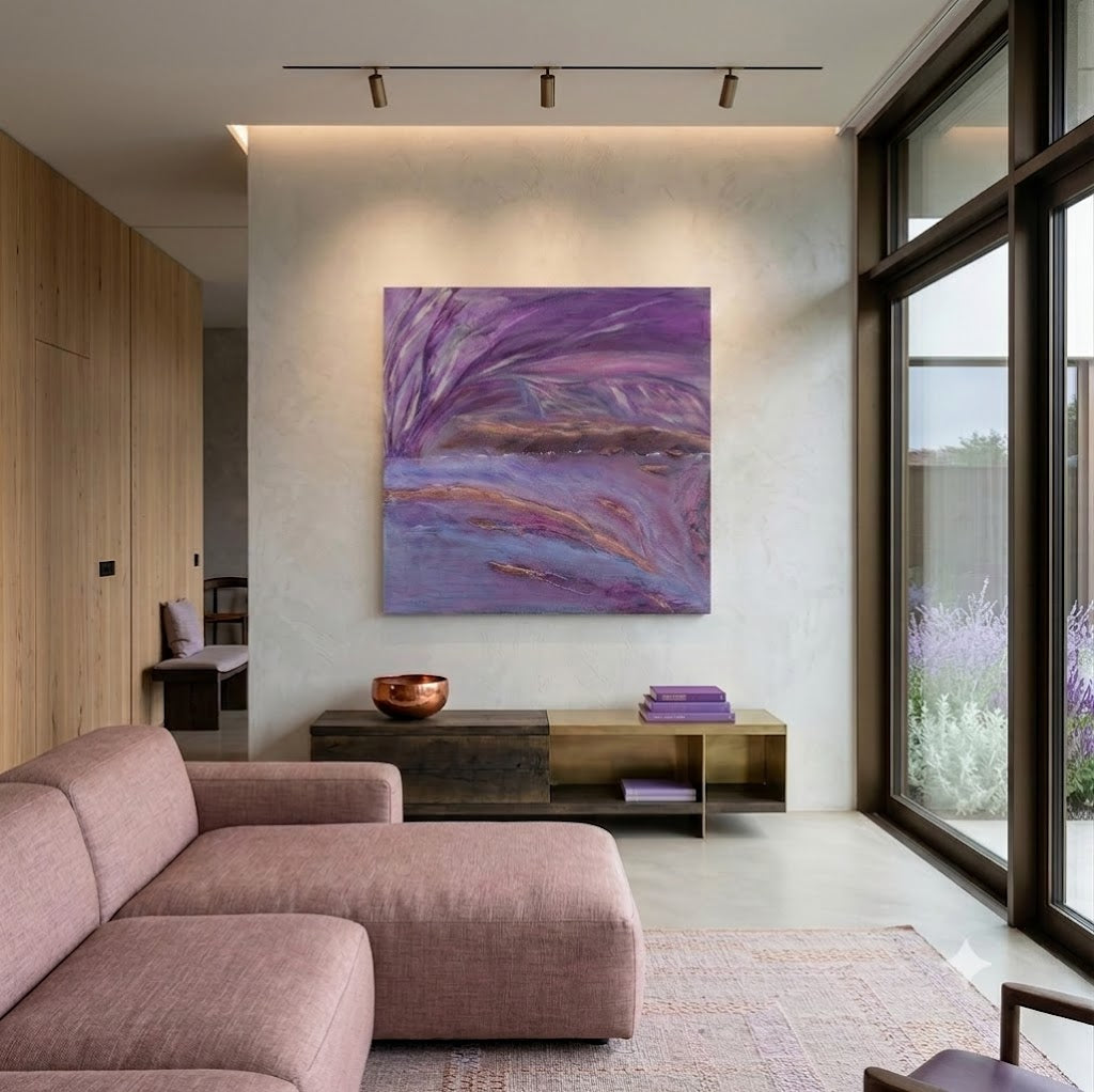 Serenity abstract landscape artwork featuring flowing lavender, purple, and soft blue tones with subtle gold accents, displayed as contemporary wall art in a modern living room.