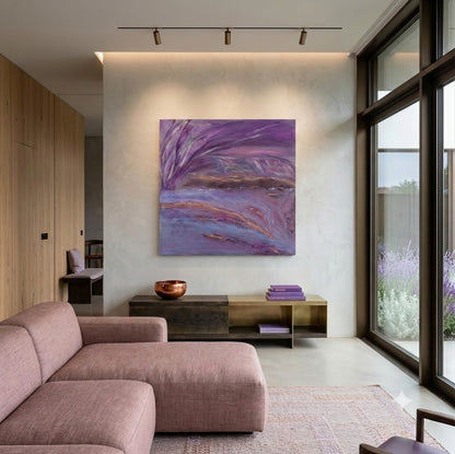 Serenity abstract landscape artwork featuring flowing lavender, purple, and soft blue tones with subtle gold accents, displayed as contemporary wall art in a modern living room.