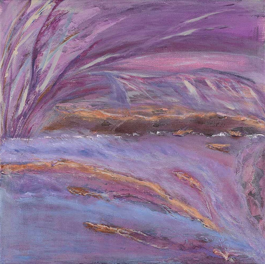 Serenity abstract landscape artwork featuring flowing lavender, purple, and soft blue tones with subtle gold accents, creating a peaceful contemporary composition inspired by water, sky, and natural movement.