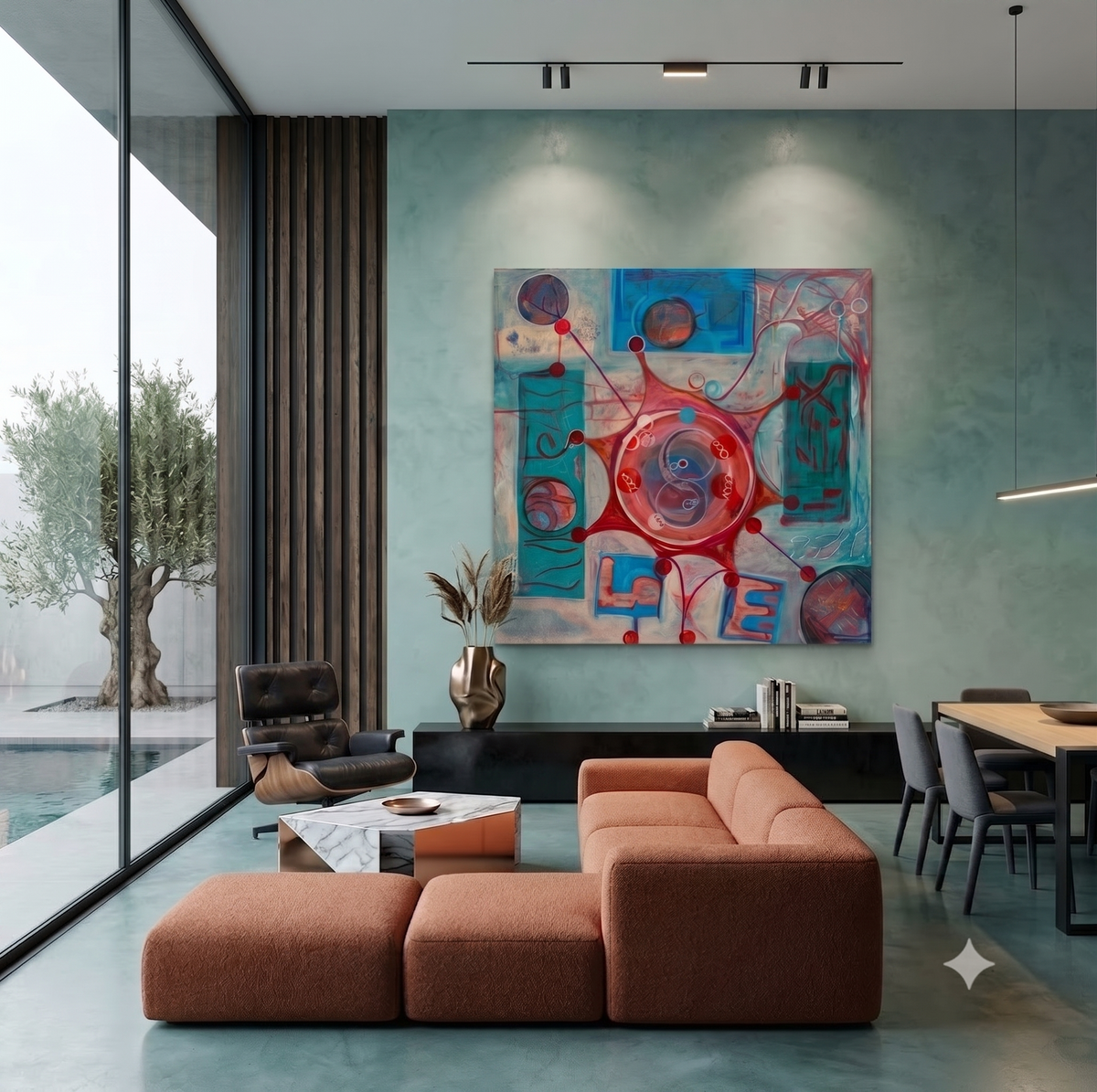 Son 48 abstract symbolic artwork featuring a central circular form, interconnected red and blue geometric elements, and the word LOVE integrated into the composition, displayed as contemporary wall art in a modern living room.